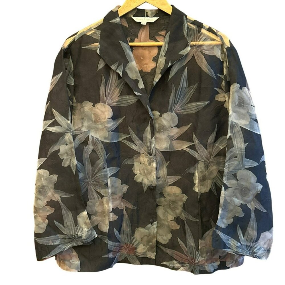 Vintage Connie Roberson Black Floral Print Sheer Button Up Blouse XL 1990s